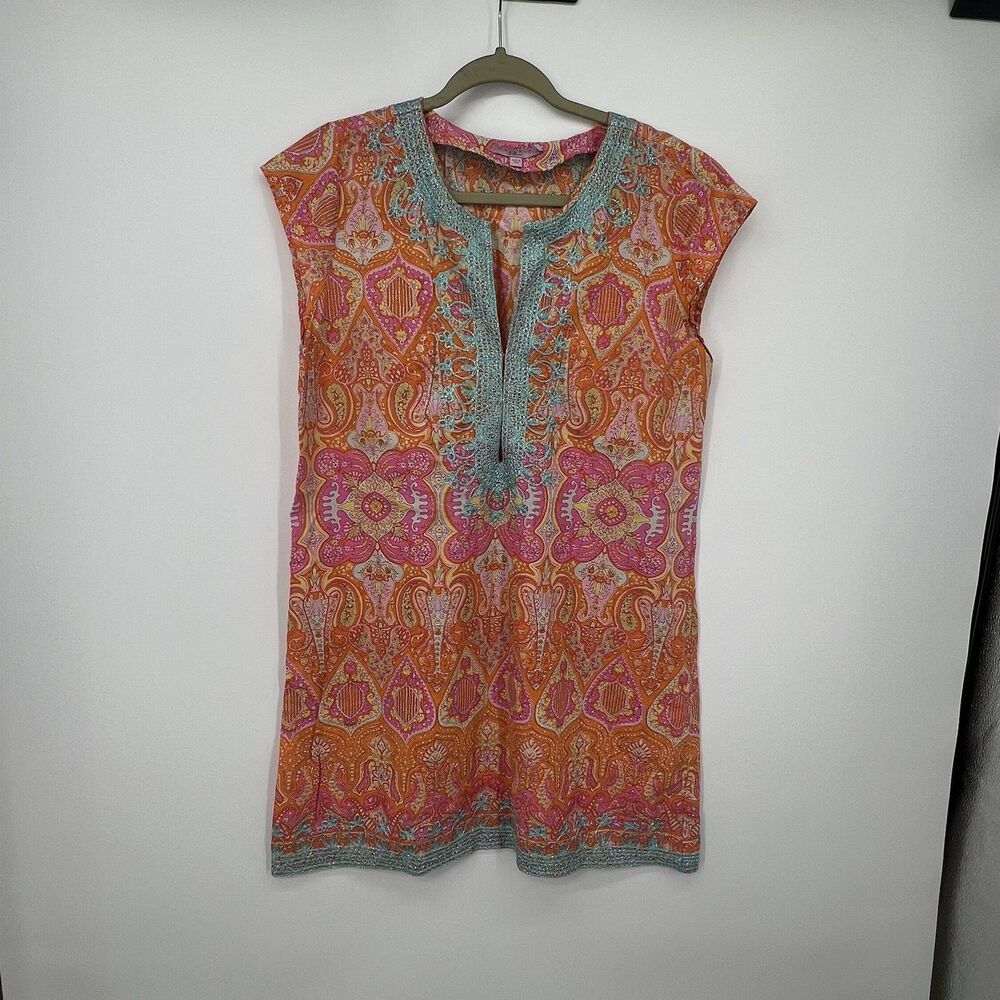Calypso St. Barth Embroidered  V-neck Tunic Dress M Beach Cover Up Resort Boho